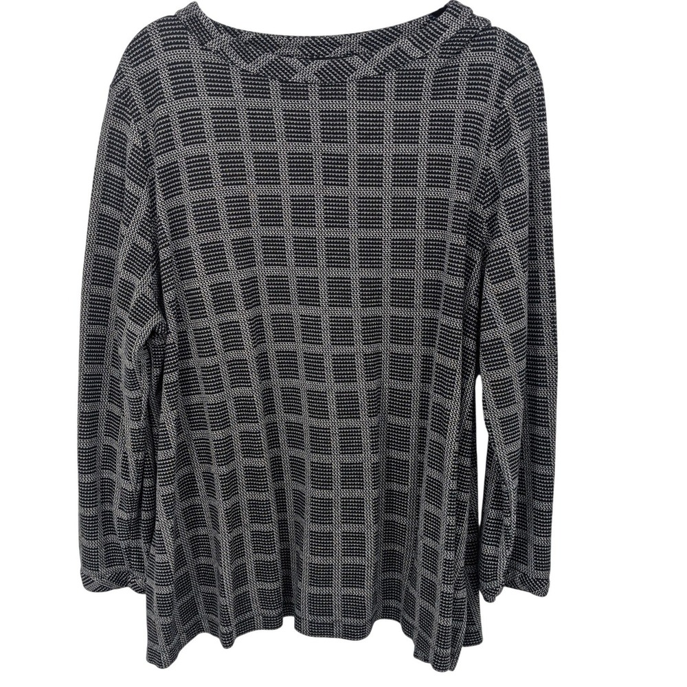 J Jill Wearever Top Womens Petite XL Black Houndstooth Long Sleeve Academia